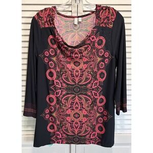 Madison Paisley Blouse Size L 3/4 Sleeve Cowl Neck Blk/Pink Gems Boho
